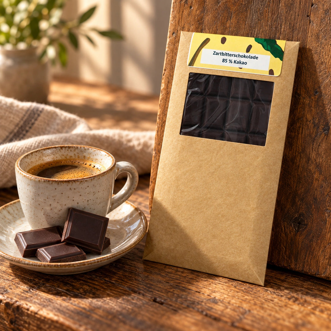 Serviervorschlag: Dunkle Schokoladenstücke mit einer Tasse Espresso neben der Originalverpackung mit 85 Prozent Kakao.