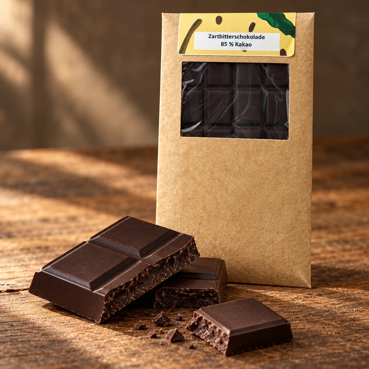 Nahaufnahme der Bruchkante dunkler Schokolade vor der Originalverpackung mit 85 Prozent Kakao.