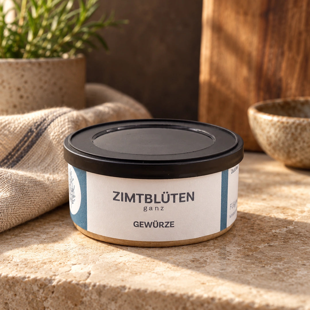 Ganze Zimtblüten in der originalen Gewürzdose auf heller Natursteinfläche.