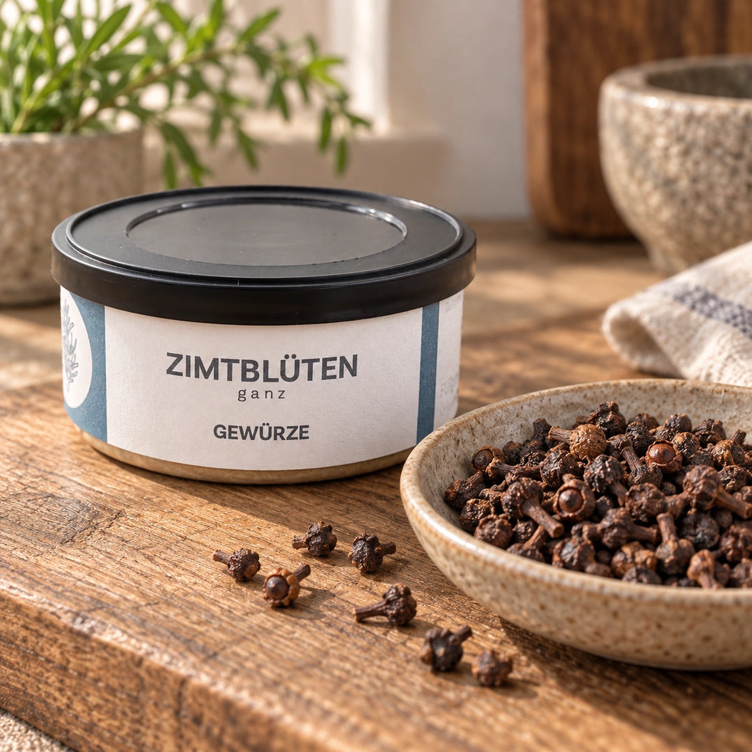 Originaldose mit ganzen getrockneten Zimtblüten in einer kleinen Keramikschale.