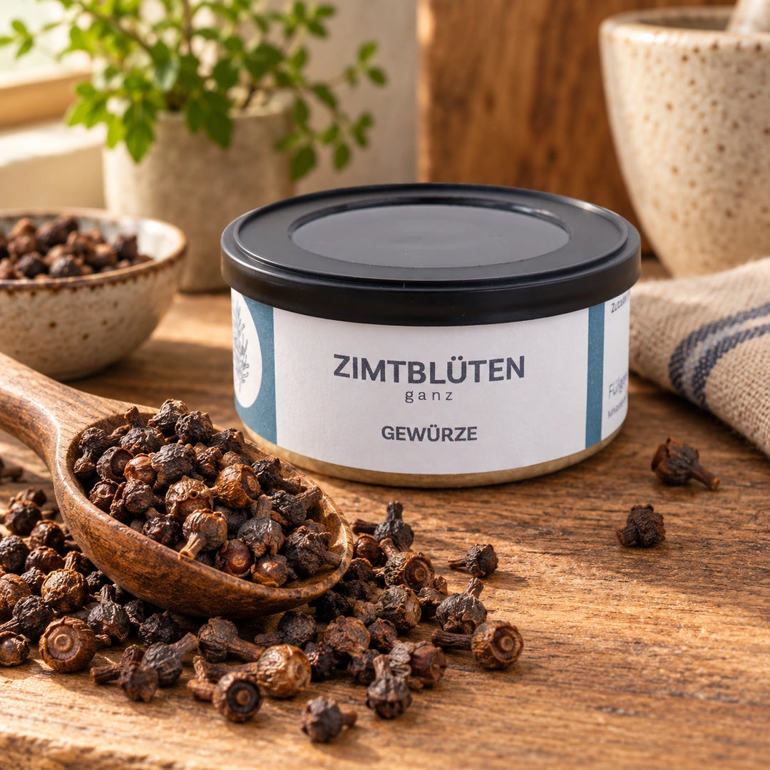 Nahaufnahme getrockneter Zimtblüten auf einem kleinen Holzlöffel vor der Originaldose.