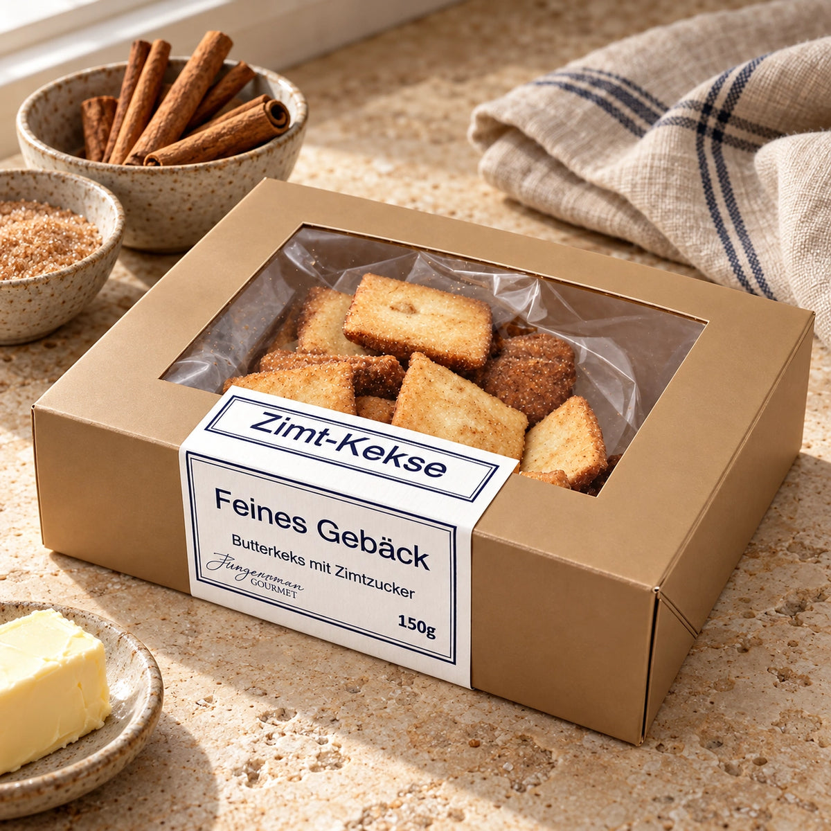 Zimtkekse von Jungermann Gourmet mit passenden Zutaten auf hellem Naturstein neben der Originalschachtel.