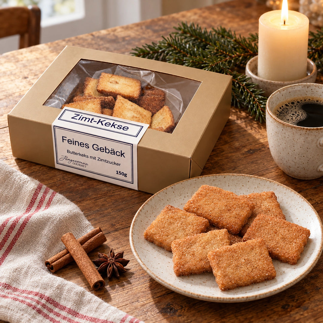 Zimtkekse von Jungermann Gourmet auf einer Adventstafel mit Kerze, Tannenzweig und Heißgetränk neben der Originalschachtel.