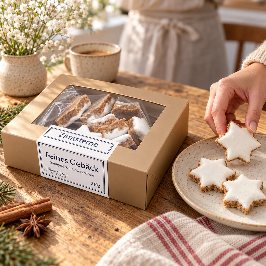 Eine Hand serviert Zimtsterne mit weißer Zuckerglasur neben der Gebäckschachtel von Jungermann Gourmet.