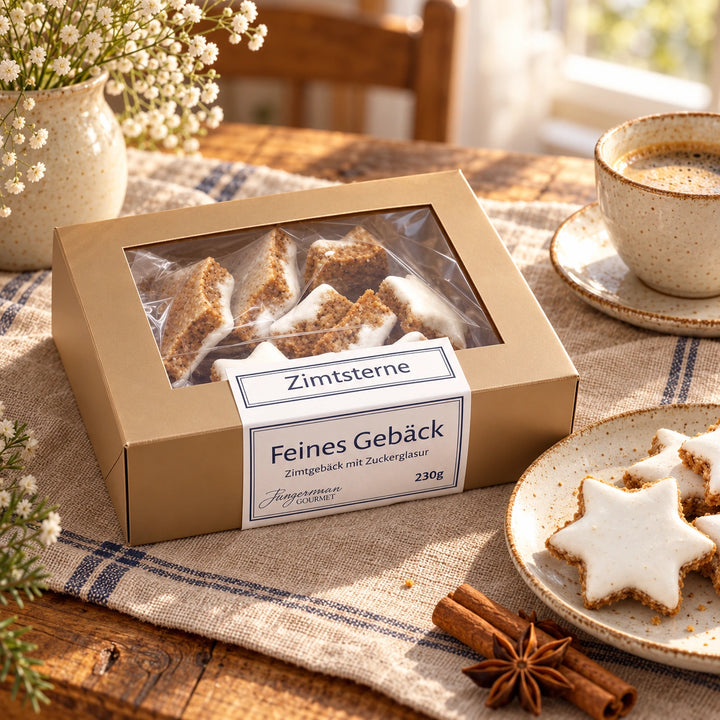 Zimtsterne von Jungermann Gourmet auf einer Kaffeetafel mit Steinguttasse und Leinentuch.