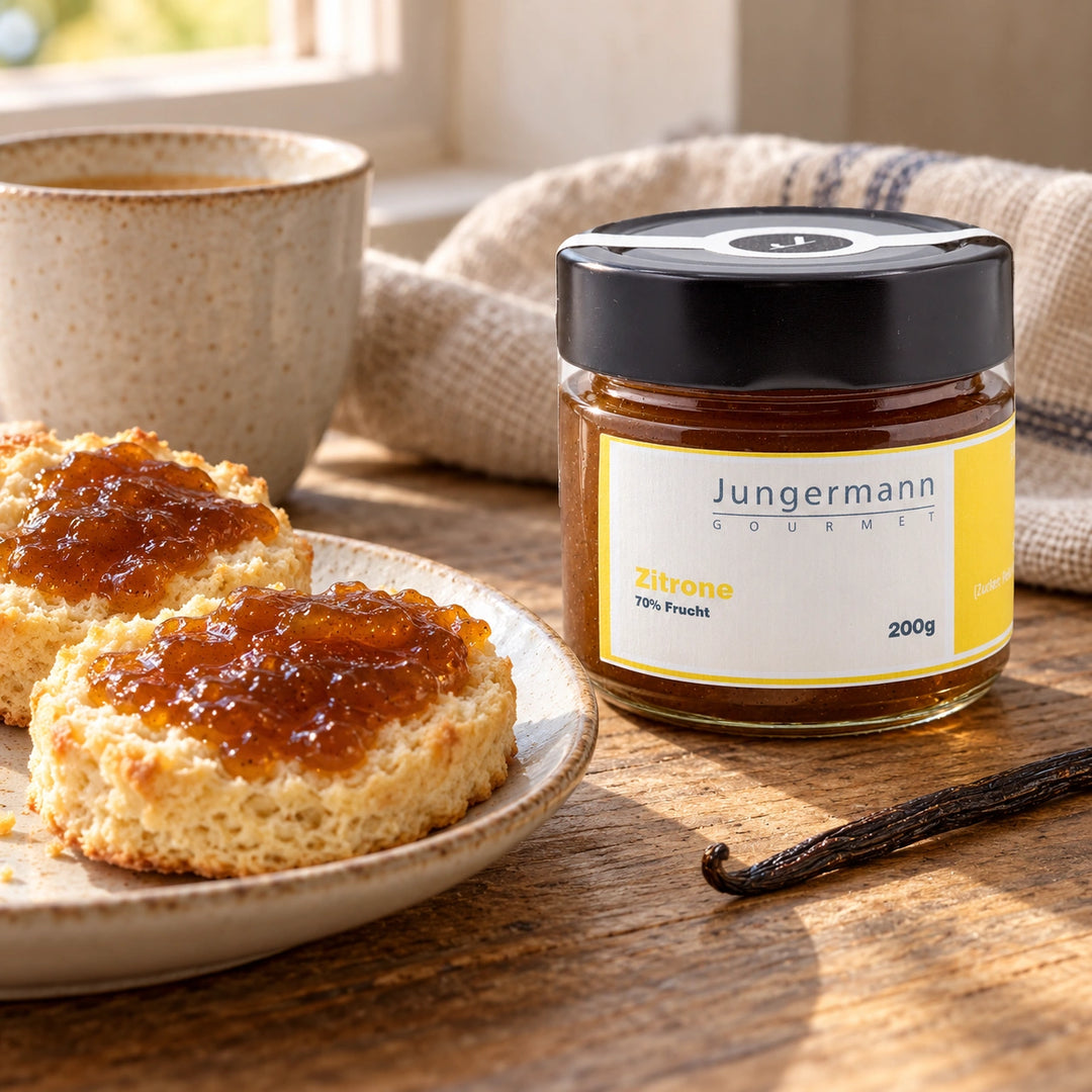Serviervorschlag: Scones mit Zitronen-Aufstrich neben dem Originalglas.
