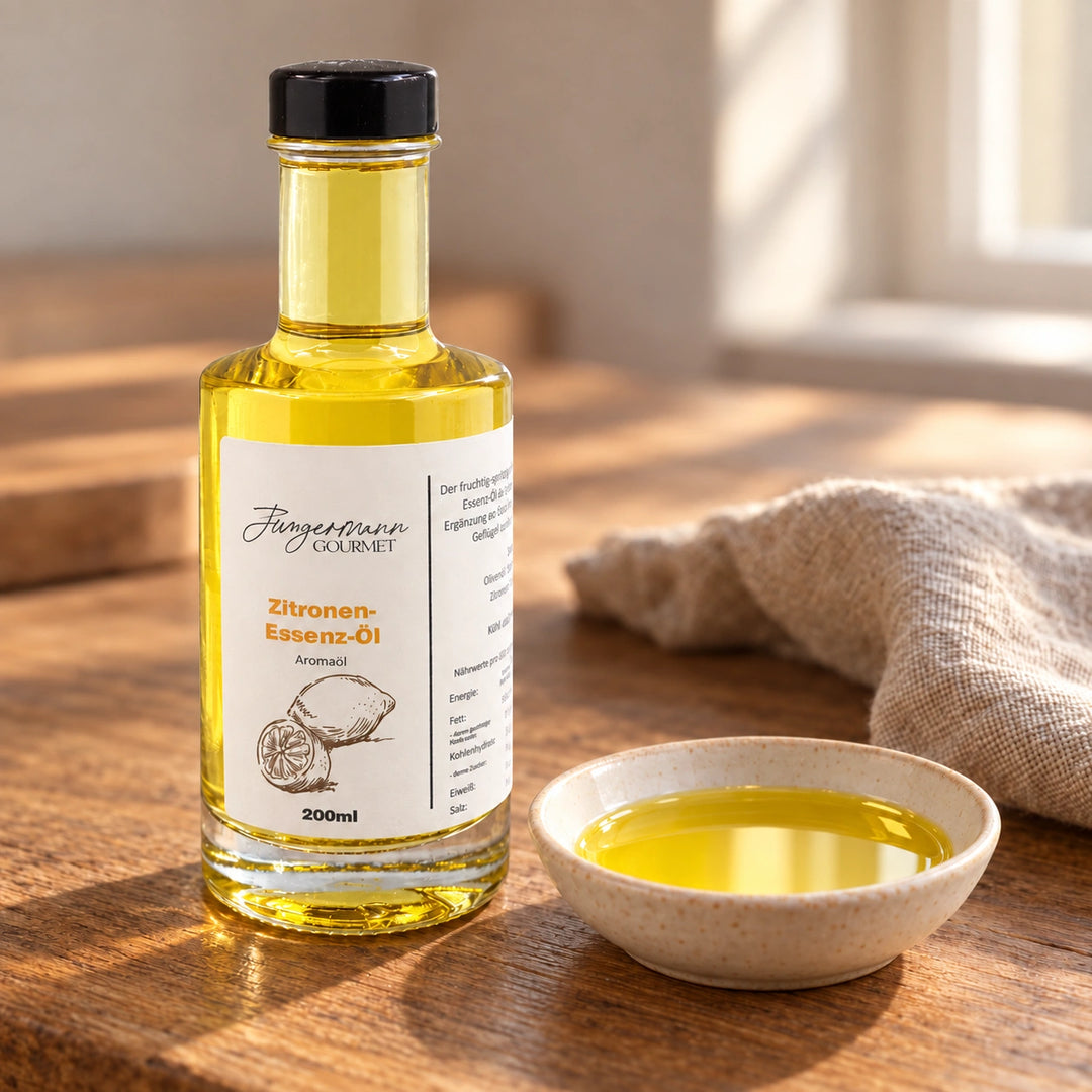 Originalflasche Zitronen-Essenzöl neben einer flachen Schale mit goldenem Öl.