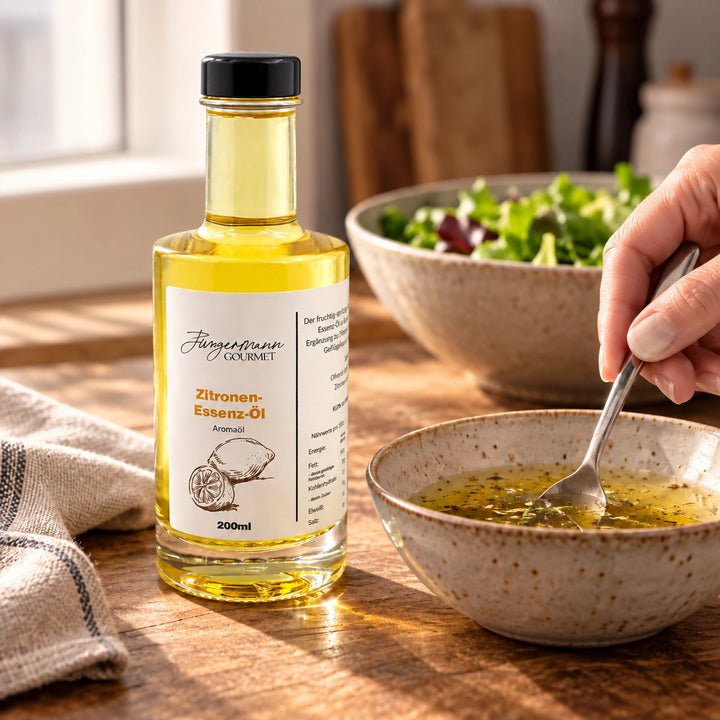 Serviervorschlag: Eine Hand rührt ein Dressing mit Zitronen-Essenzöl an; die Originalflasche steht daneben.