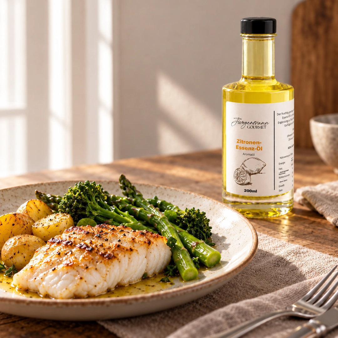 Serviervorschlag: Gebratenes Fischfilet mit grünem Gemüse und Kartoffeln neben Zitronen-Essenzöl.