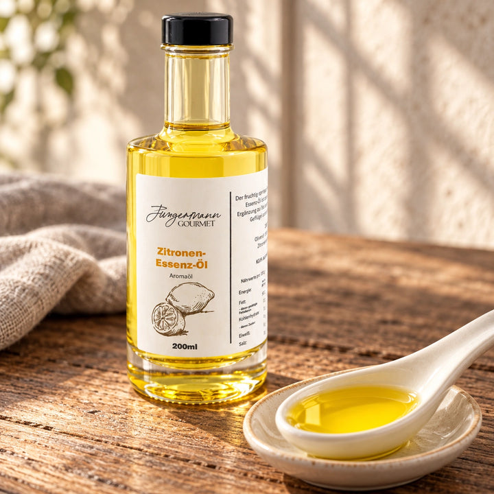 Golden schimmerndes Zitronen-Essenzöl auf einem Keramiklöffel vor der Originalflasche.