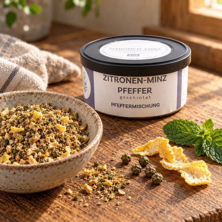 Zitronen-Minz Pfeffer mit Zitronenschale, Minzblättern und grünem Pfeffer neben der Originaldose.