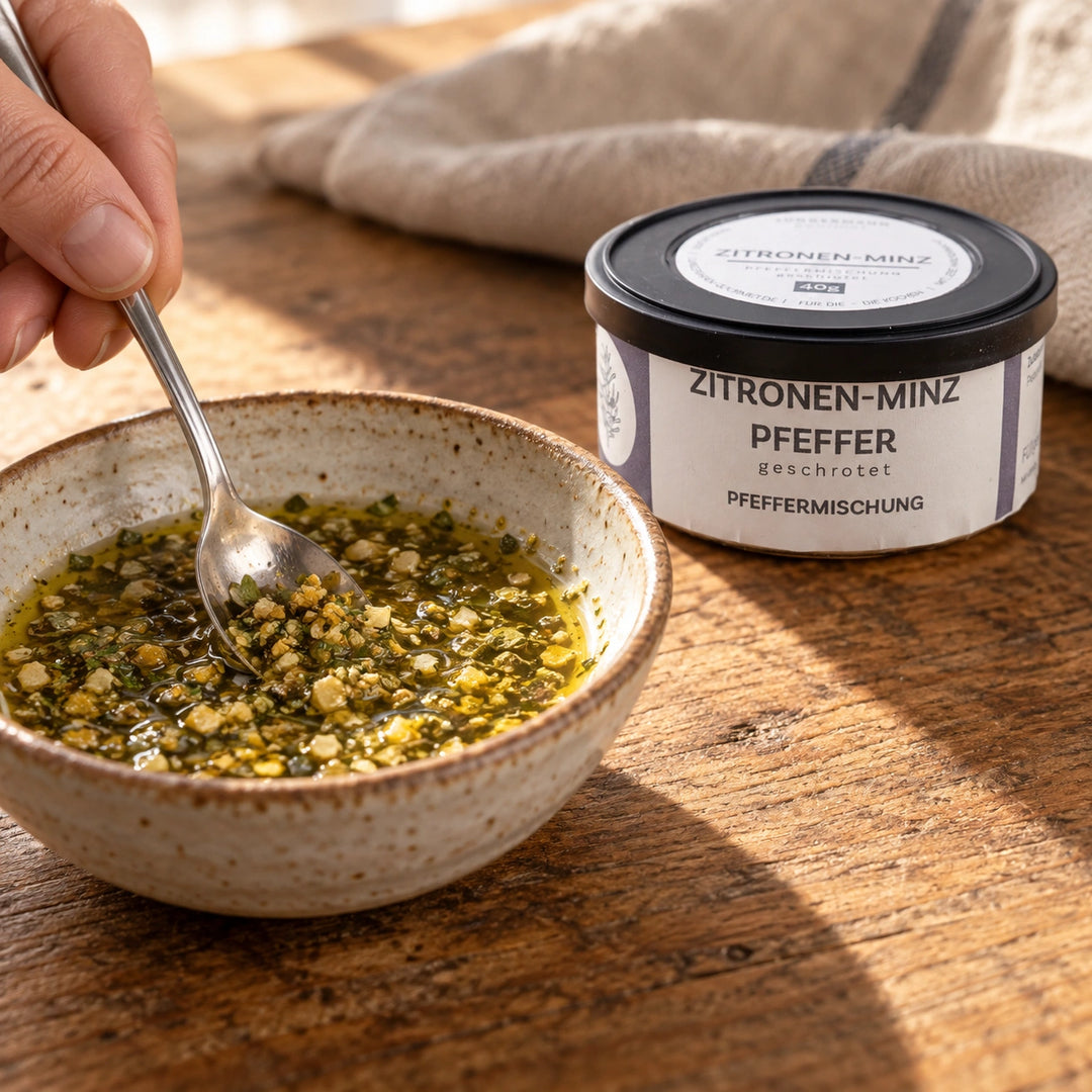 Serviervorschlag: Eine Hand rührt Zitronen-Minz Pfeffer in eine Marinade; die Originaldose steht daneben.