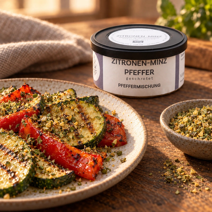 Serviervorschlag: Gegrillte Zucchini und Paprika mit Zitronen-Minz Pfeffer neben der Originaldose.