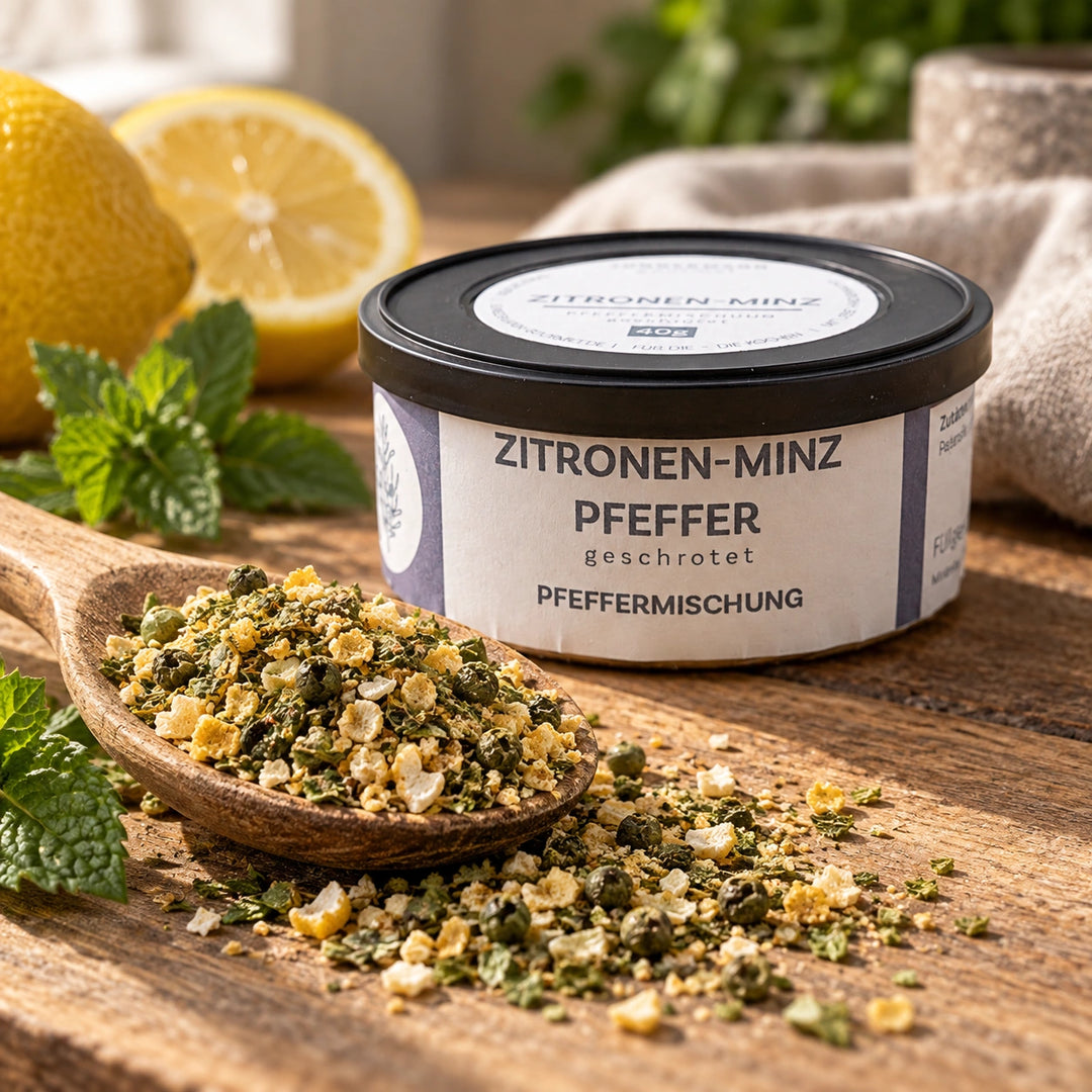 Nahaufnahme der groben Zitronen-Minz-Pfeffermischung auf einem Holzlöffel vor der Originaldose.