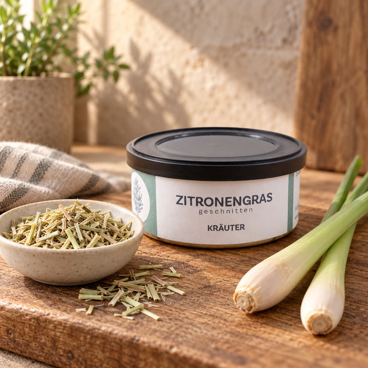 Originaldose mit getrocknetem Zitronengras und zwei frischen Zitronengrasstängeln.