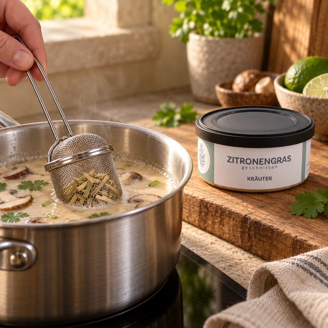 Serviervorschlag: Ein Gewürzsieb mit Zitronengras zieht in einer Kokossuppe; die Originaldose steht daneben.