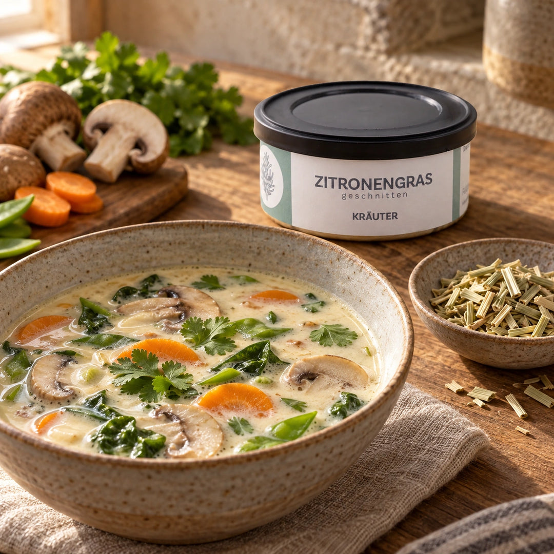 Serviervorschlag: Kokossuppe mit Pilzen und Gemüse neben der Originaldose Zitronengras.