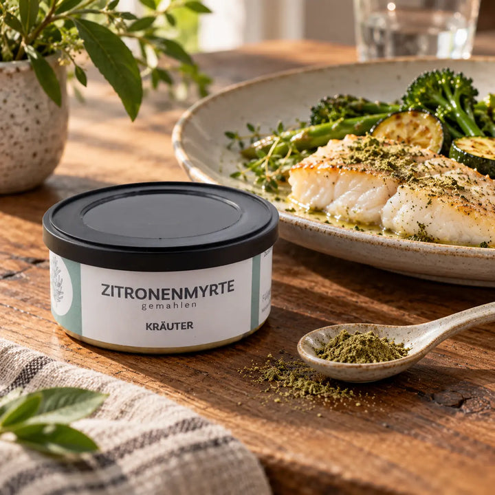 Dose Zitronenmyrte neben einem angerichteten Fischfilet mit Gemüse als Serviervorschlag.