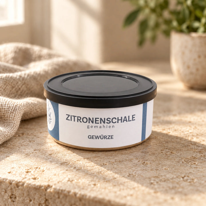 Gemahlene Zitronenschale in der Originaldose auf warmer Natursteinfläche.