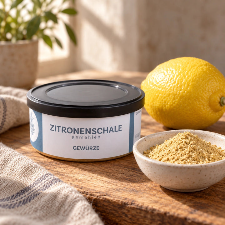 Originaldose gemahlene Zitronenschale mit feinem Pulver und einer ganzen Zitrone.