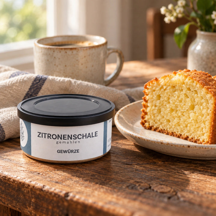 Serviervorschlag: Ein Stück Zitronenkuchen neben der Originaldose gemahlene Zitronenschale.