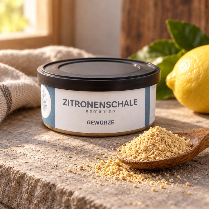 Nahaufnahme von fein gemahlener Zitronenschale auf einem Holzlöffel vor der Originaldose.