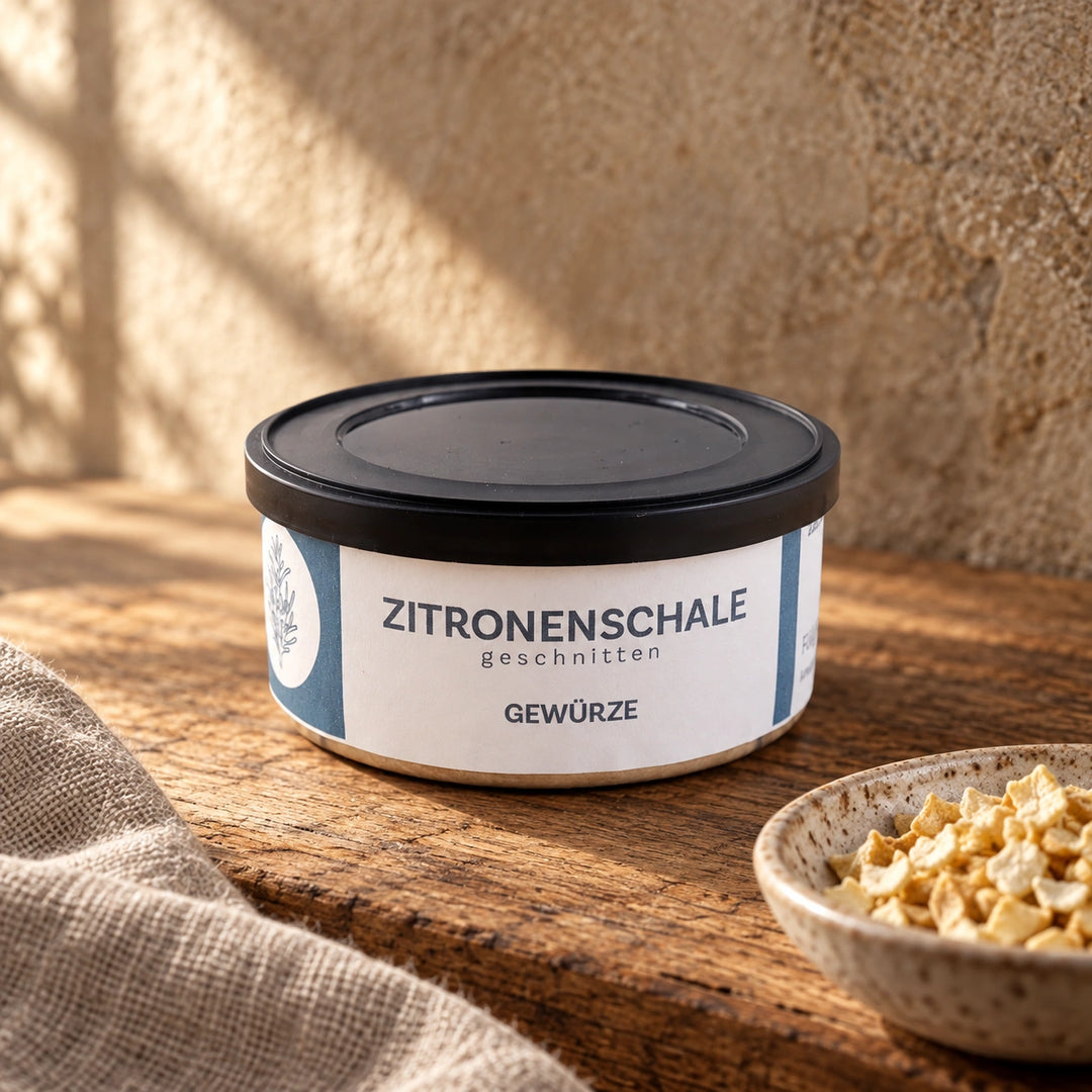 Geschnittene Zitronenschale in der Originaldose auf warmer Holzfläche.