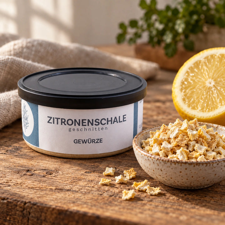 Originaldose geschnittene Zitronenschale mit trockenen Schalenstückchen und einer Zitronenhälfte.