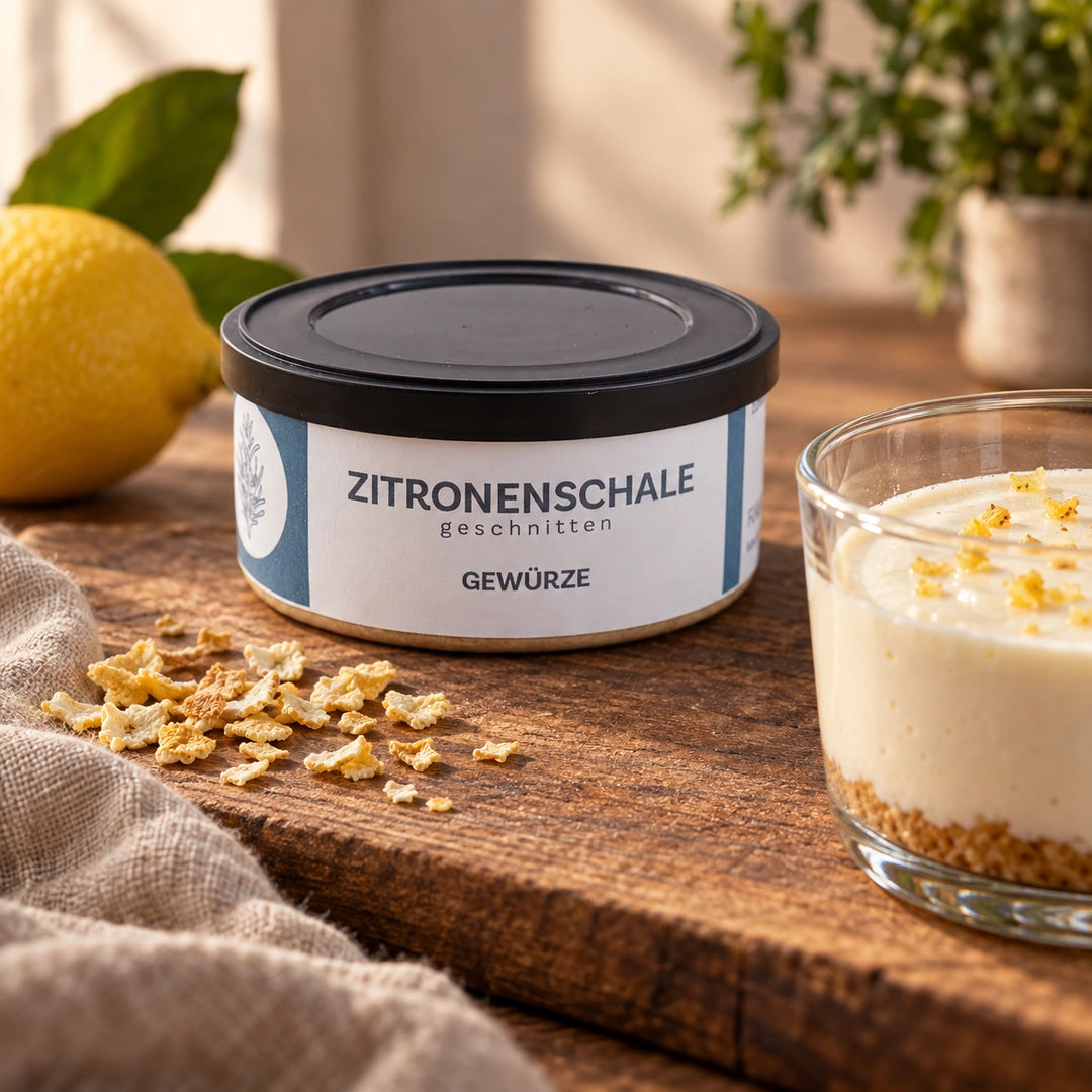 Serviervorschlag: Eine Creme mit wenigen eingeweichten, fein gehackten Zitronenschalenstückchen neben der Originaldose.
