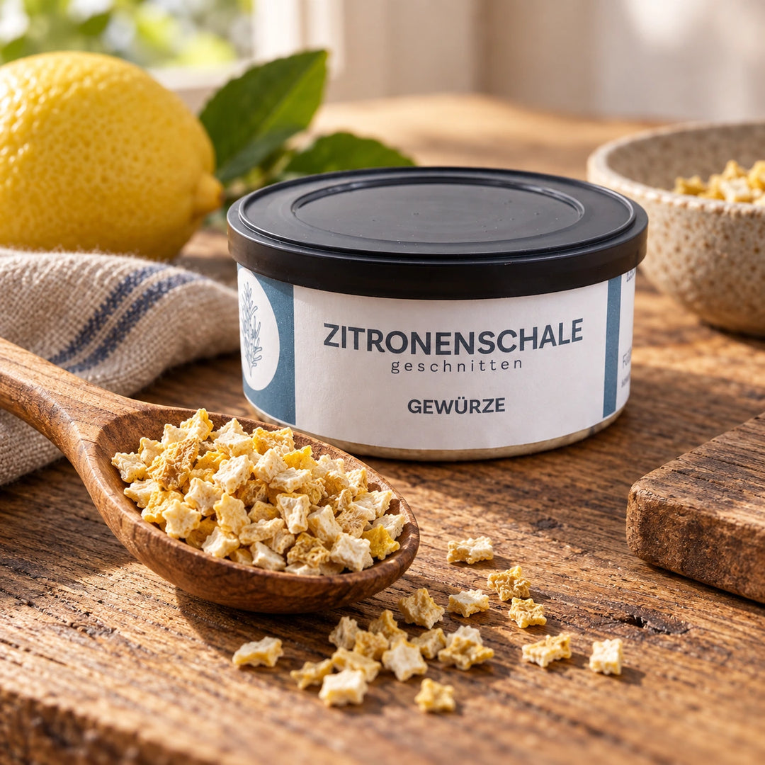 Nahaufnahme trockener Zitronenschalenstückchen auf einem Holzlöffel vor der Originaldose.
