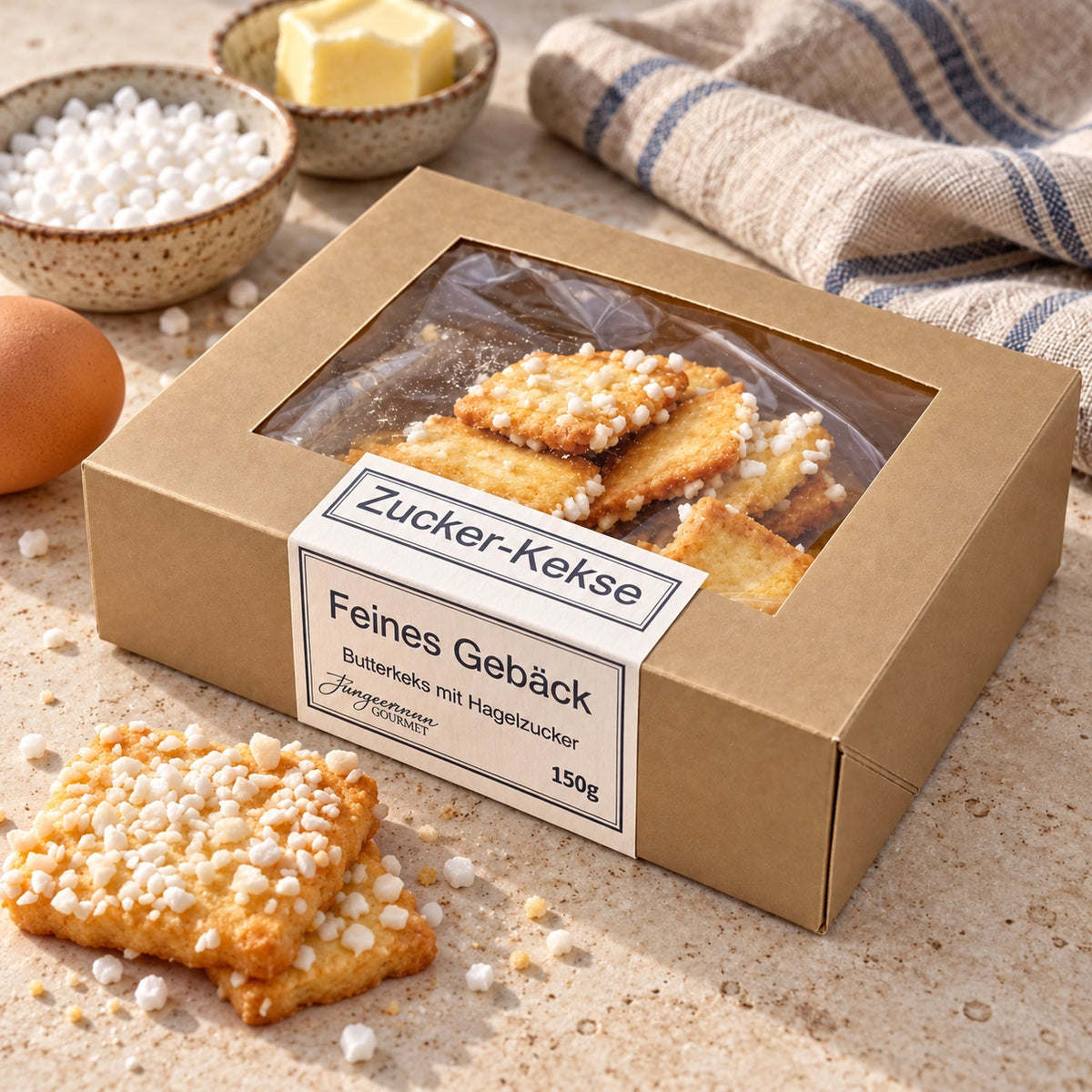 Butterkeks mit Hagelzucker von Jungermann Gourmet mit passenden Zutaten auf hellem Naturstein neben der Originalschachtel.