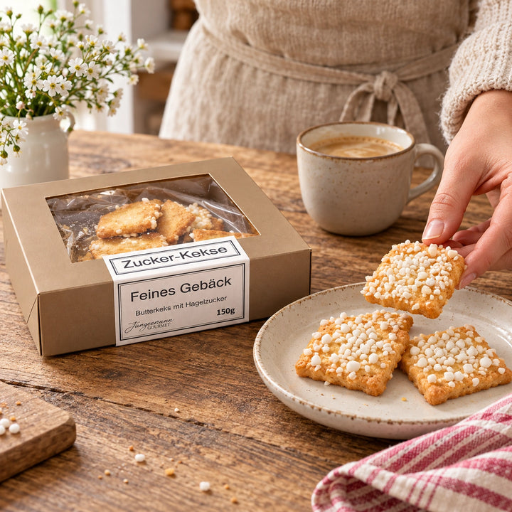 Butterkeks mit Hagelzucker von Jungermann Gourmet beim Servieren von Hand auf einem Steingutteller neben der Originalschachtel.