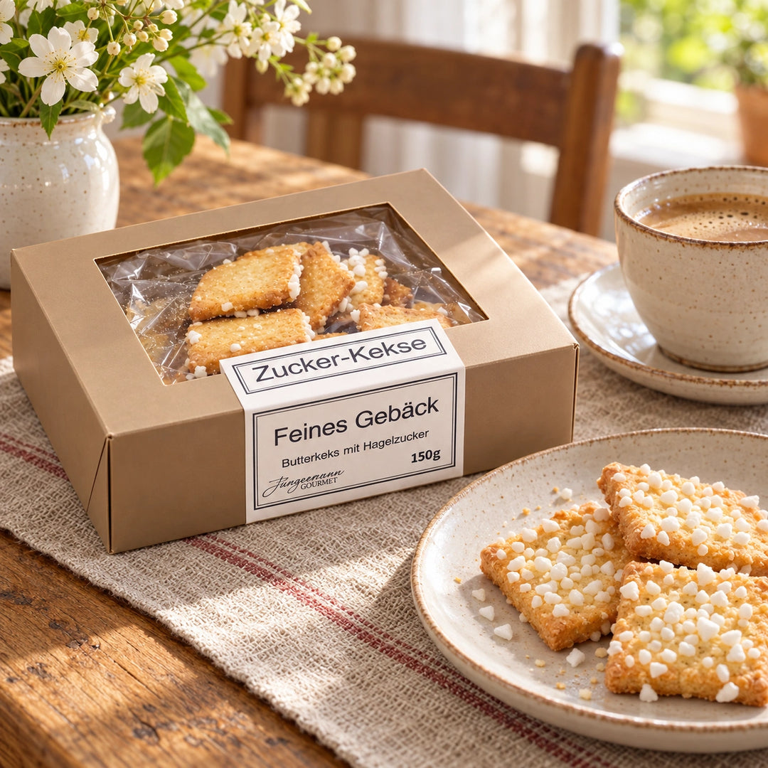 Butterkeks mit Hagelzucker von Jungermann Gourmet auf einer gemütlichen Tafel mit Gebäck und Heißgetränk neben der Originalschachtel.