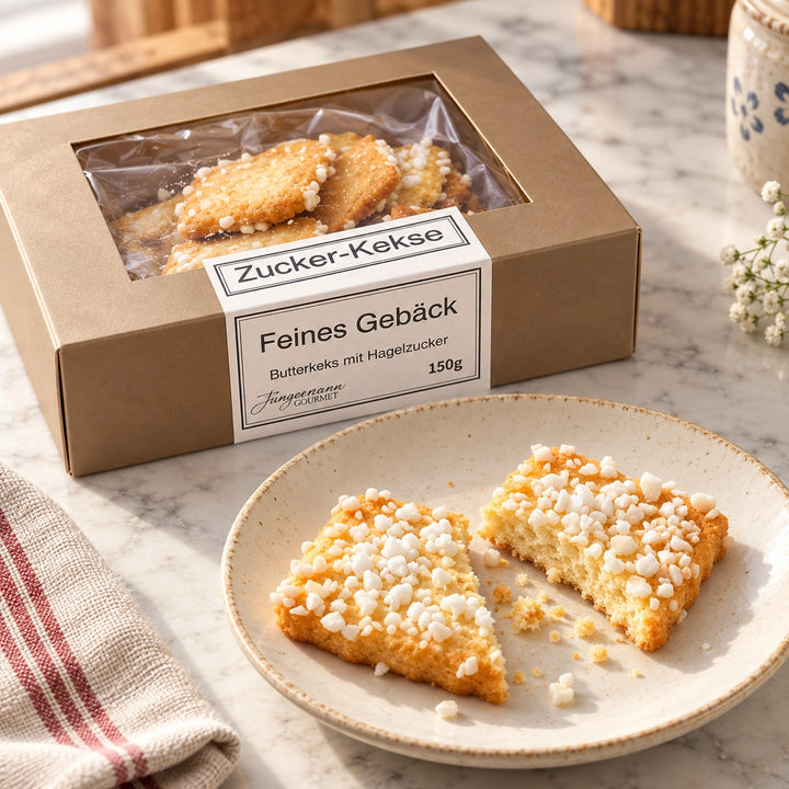 Butterkeks mit Hagelzucker von Jungermann Gourmet in Nahaufnahme mit sichtbarer Gebäckstruktur neben der Originalschachtel.