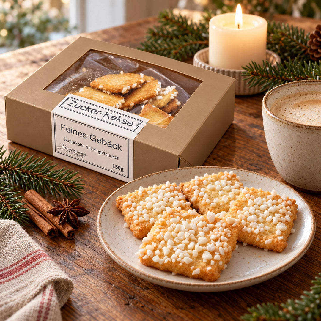 Butterkeks mit Hagelzucker von Jungermann Gourmet auf einer Adventstafel mit Kerze, Tannenzweig und Heißgetränk neben der Originalschachtel.