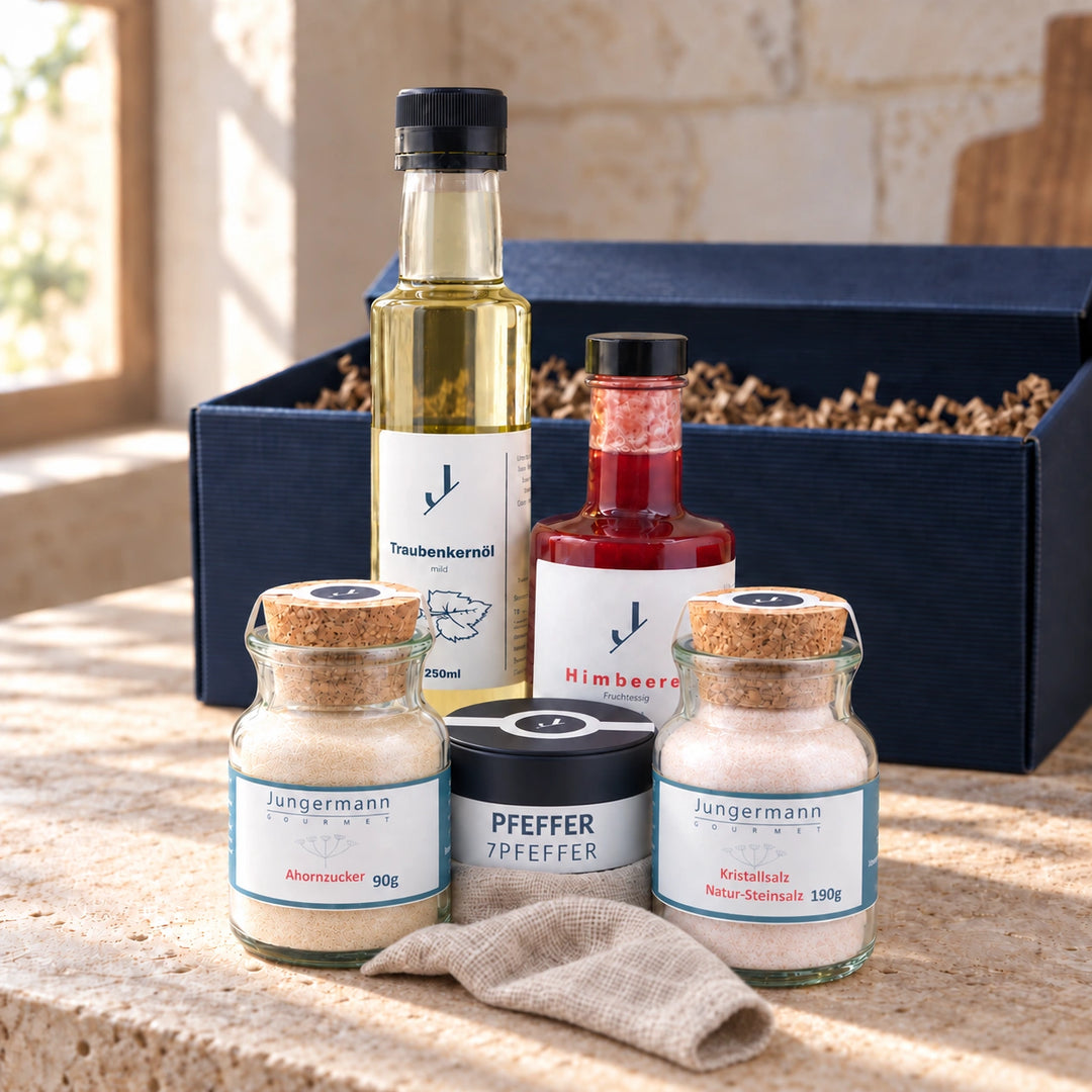 Die fünf Produkte der Geschenkbox Zum Einzug vor dem blauen Geschenkkarton.