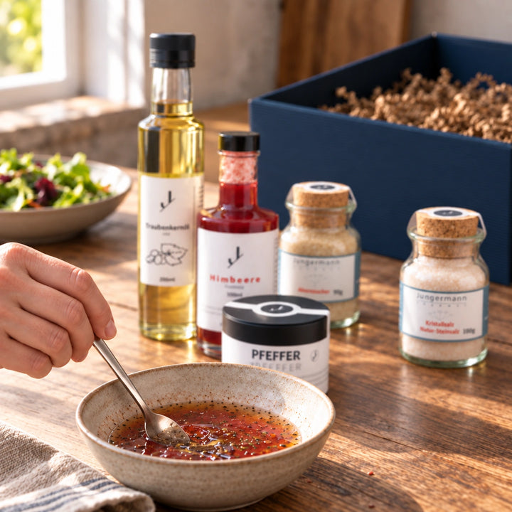 Serviervorschlag: Eine Hand rührt eine Vinaigrette an; die fünf Produkte aus Zum Einzug stehen daneben.