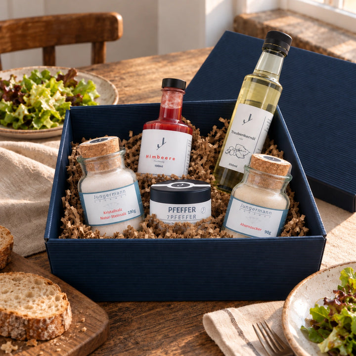 Serviervorschlag: Geschenkbox Zum Einzug mit Blattsalat und Brot auf einem gedeckten Tisch.