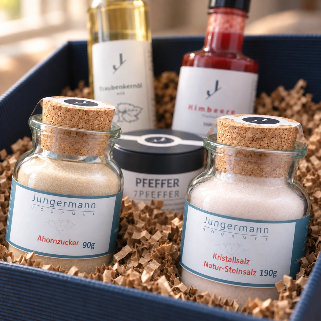 Detail der Korkgläser mit Ahornzucker und Kristallsalz in der Geschenkbox Zum Einzug.
