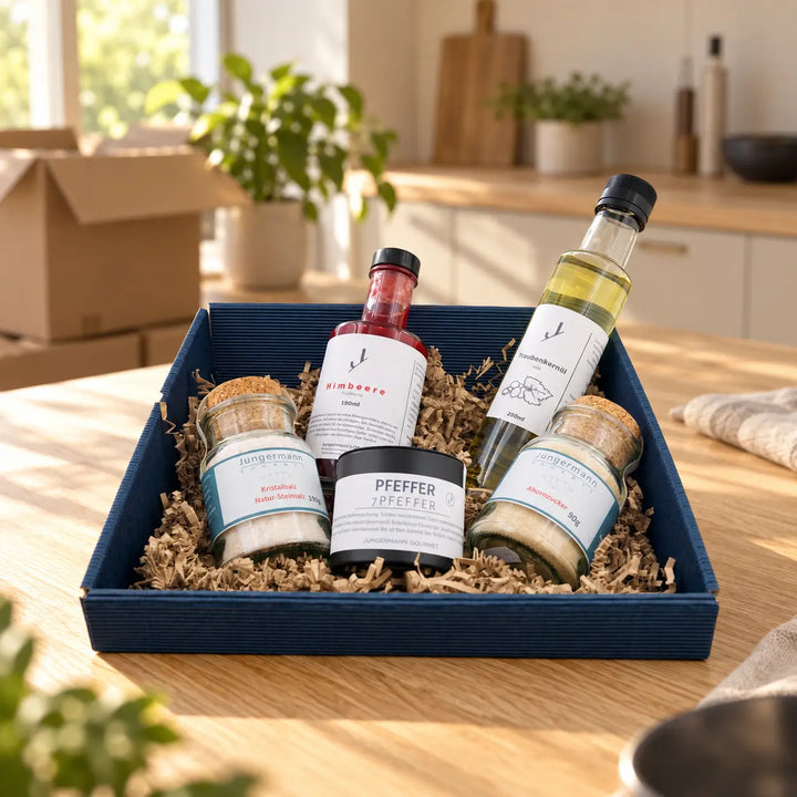 Geöffnete Geschenkbox Zum Einzug von Jungermann Gourmet mit fünf Feinkostprodukten auf einer Kücheninsel.