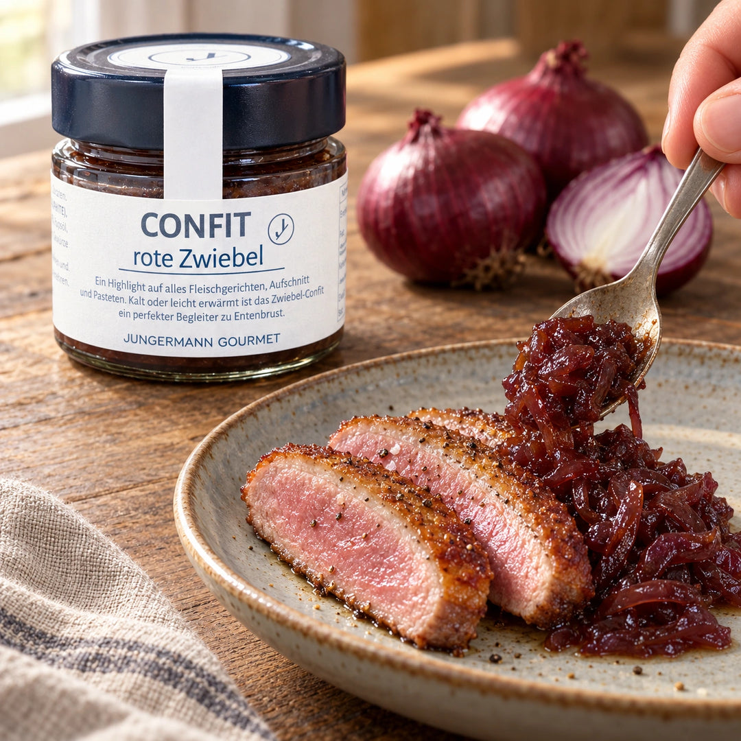 Serviervorschlag: Eine Hand gibt Zwiebel-Chutney zu aufgeschnittener Entenbrust; das Originalglas steht daneben.