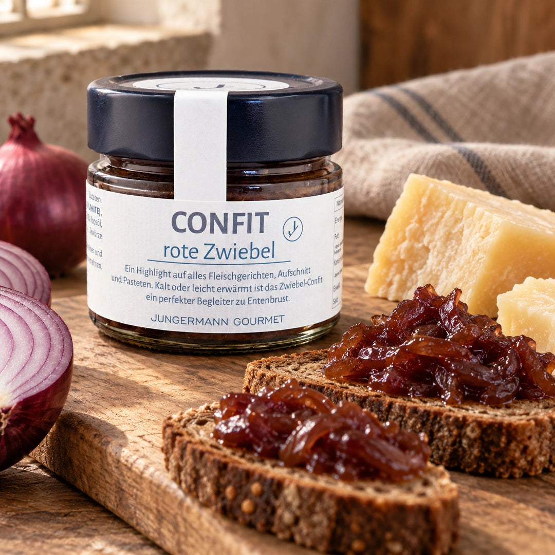 Serviervorschlag: Zwiebel-Chutney zu Käse und dunklem Brot, mit dem Originalglas daneben.