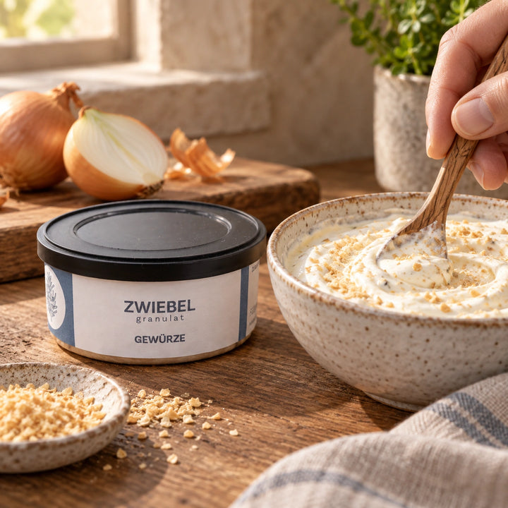 Serviervorschlag: Eine Hand rührt Zwiebelgranulat in einen cremigen Dip; die Originaldose steht daneben.