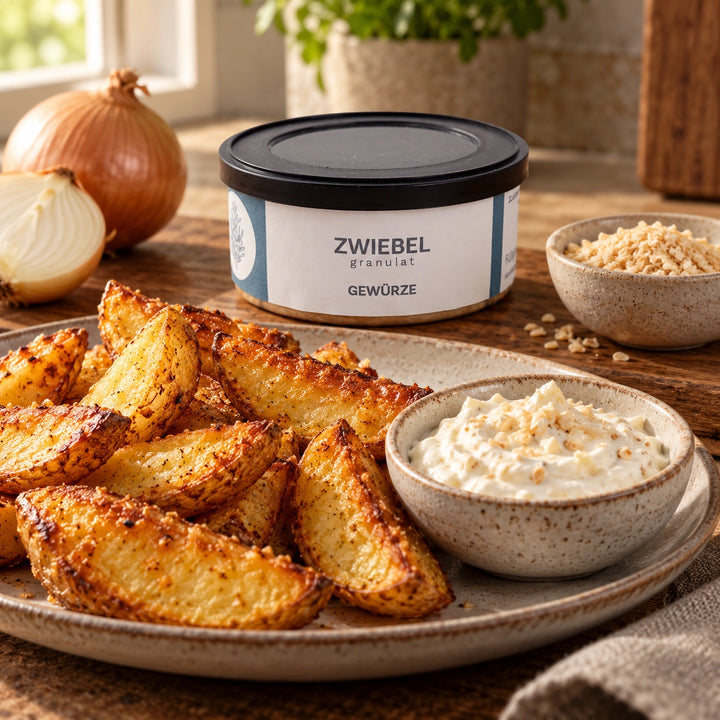 Serviervorschlag: Goldbraune Ofenkartoffeln mit cremigem Zwiebeldip neben der Originaldose.