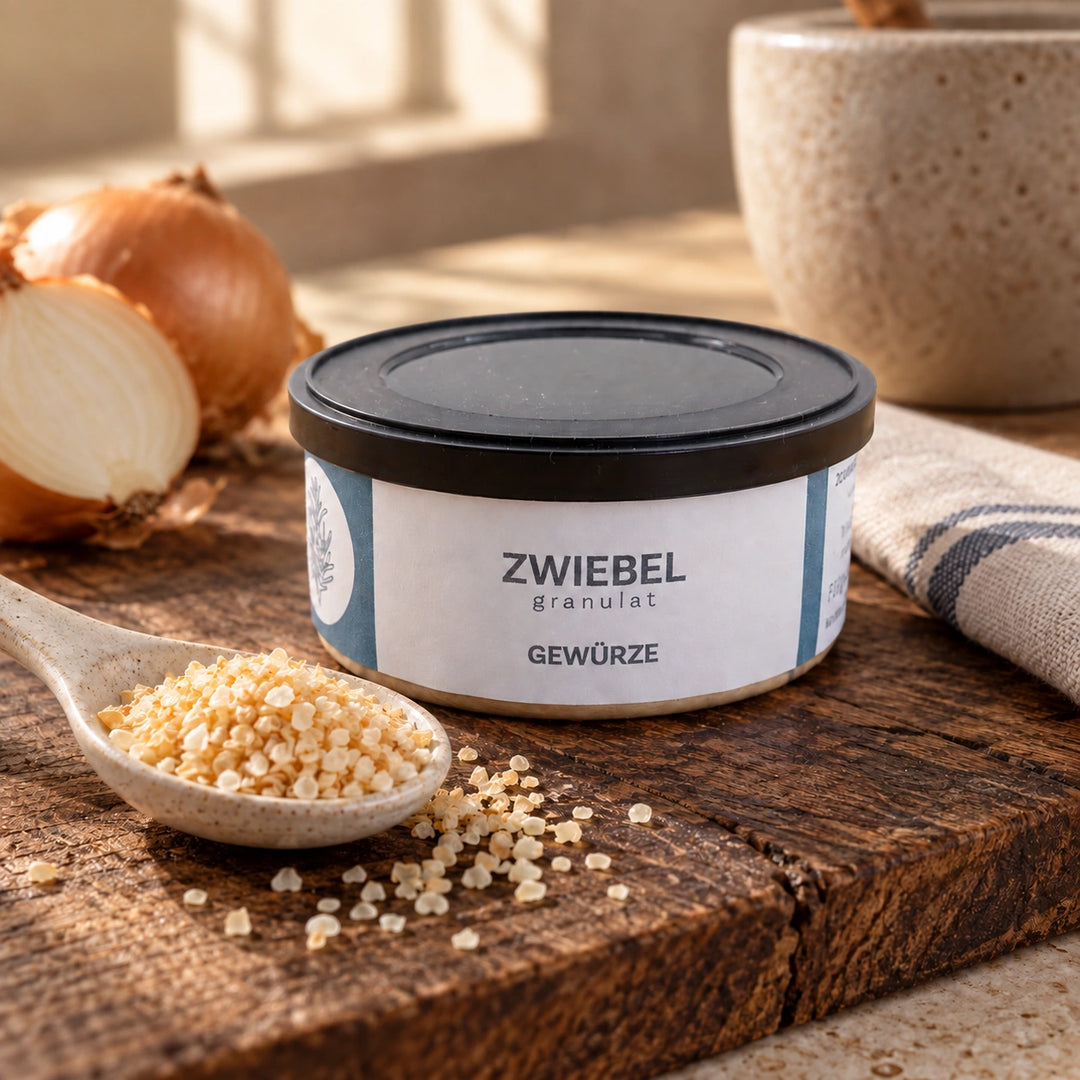 Nahaufnahme von hellem Zwiebelgranulat auf einem Keramiklöffel vor der Originaldose.
