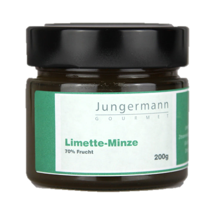 Limetten-Minze-Aufstrich 200 g von Jungermann Gourmet im Originalglas mit schwarzem Deckel.