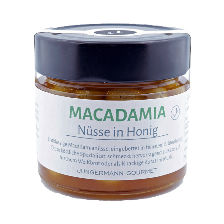 Macadamianüsse in Honig von Jungermann Gourmet, Produktansicht vor weißem Hintergrund.