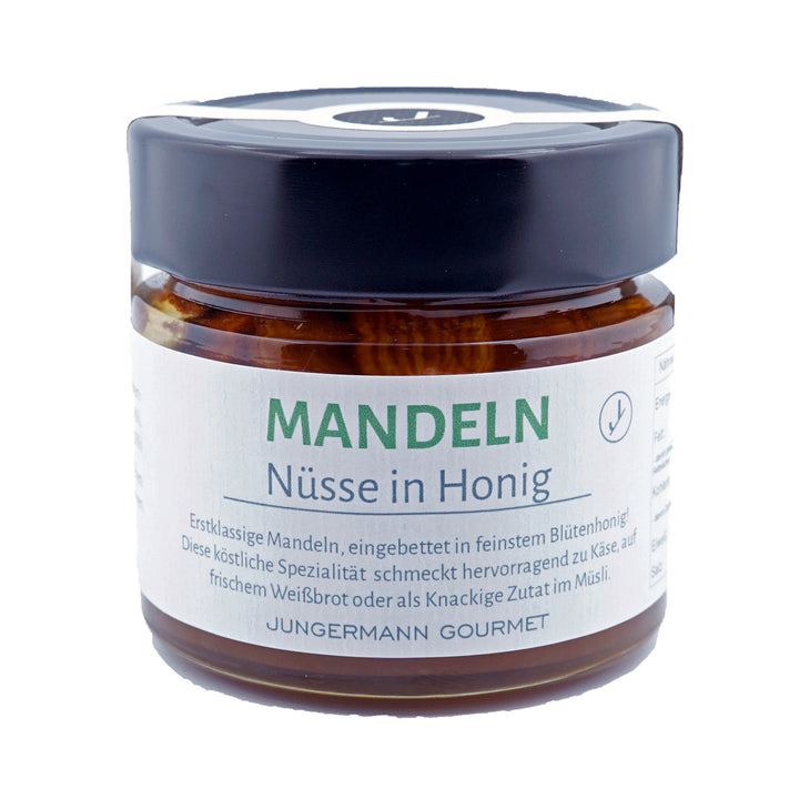 Mandeln in Honig von Jungermann Gourmet, Produktansicht vor weißem Hintergrund.