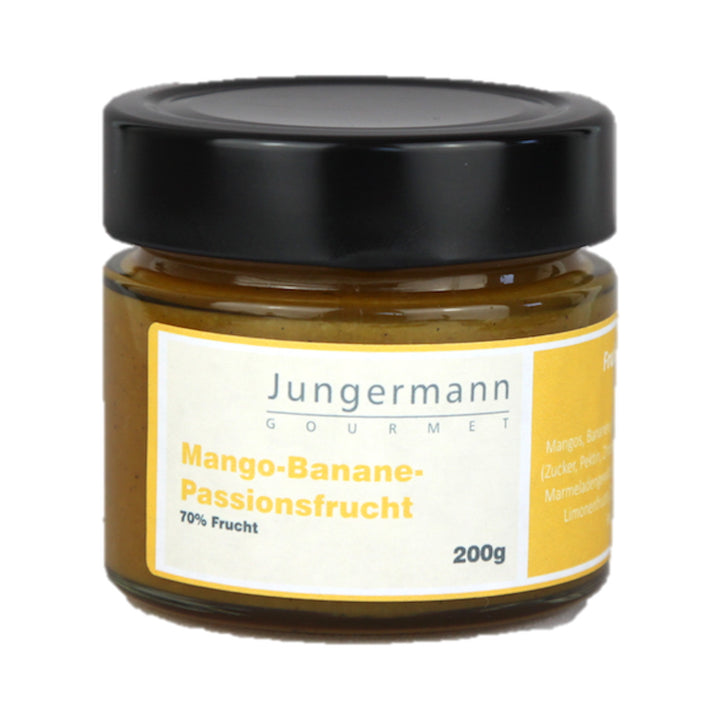 Mango &amp; Banane &amp; Passionsfrucht Aufstrich von Jungermann Gourmet, Produktansicht vor weißem Hintergrund.