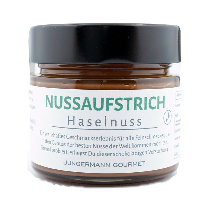 Nuss-Nougat Aufstrich von Jungermann Gourmet, Produktansicht vor weißem Hintergrund.